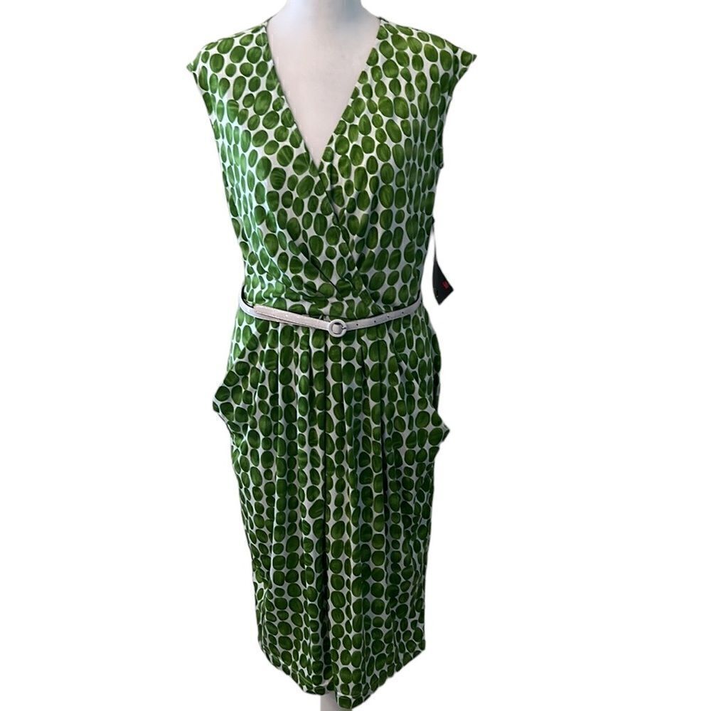 NWT Scarlett sz8 sleeveless faux wrap front green & white dress with pockets